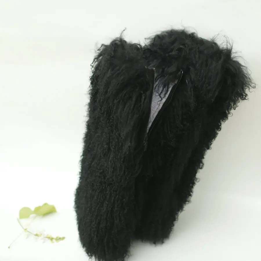 wholesale 50cm white real black mongolian fur upper long boots for women with heel and fur tall fur boots