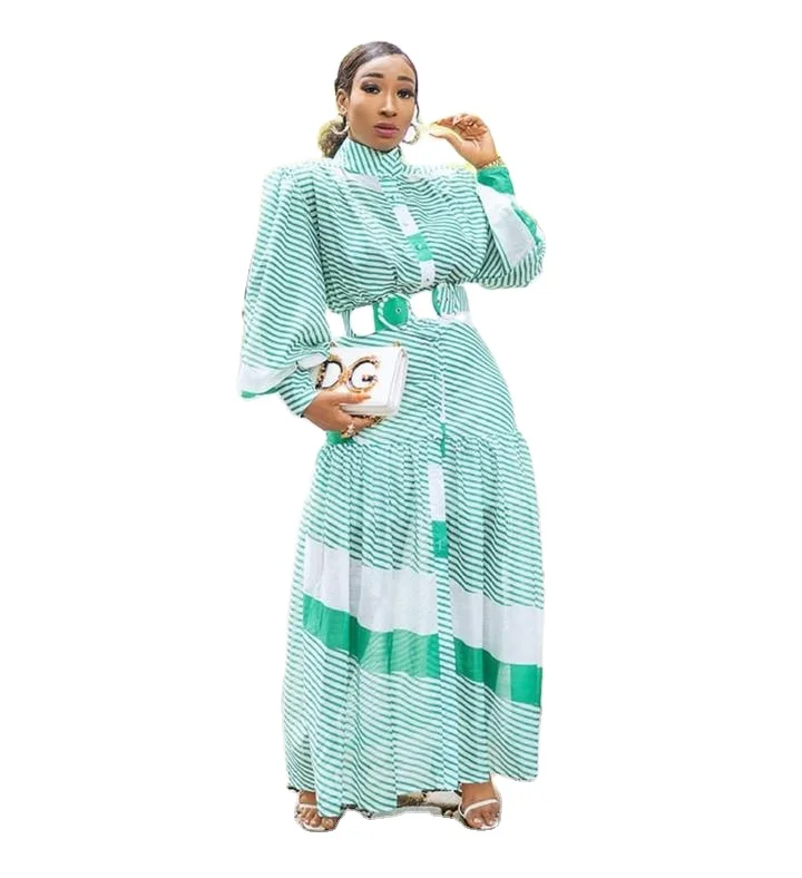 2021 New Arrivals Women Puff Sleeve Africa Style Single Breasted Dresses Ladies Long Elegant Striped High Slit Belted Dresses