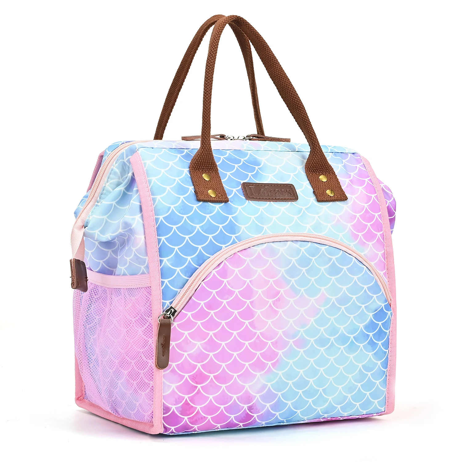 Lokass Free Sample Customized Lunch Bag 2022 Newest Design Fish Scale Pattern Blue Pink Mixed Insulated Cooler Lunch Bag