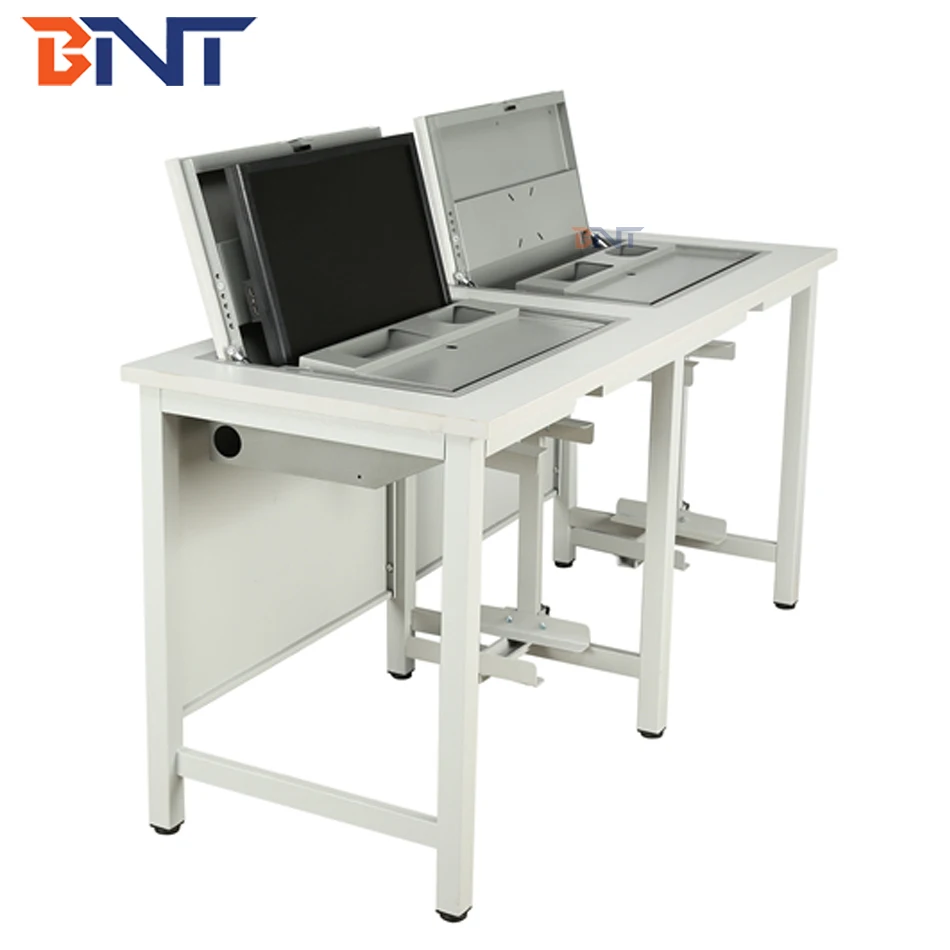 BNT office equipment high gray cold rolled steel material manual flip up computer desk dual monitor computer table for classroom