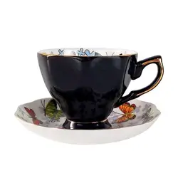 Tea Cup and Saucer Set-8oz Bone China Afternoon Tea Cup with Saucer Butterflies Printing Gift Teacups for Girls or Fri