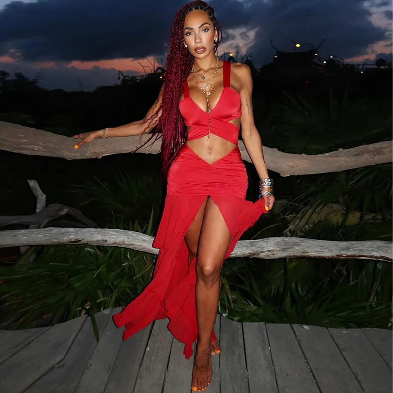 Fashionable and sexy low cut lace up top high waisted split skirt set Spliced mid length skirt