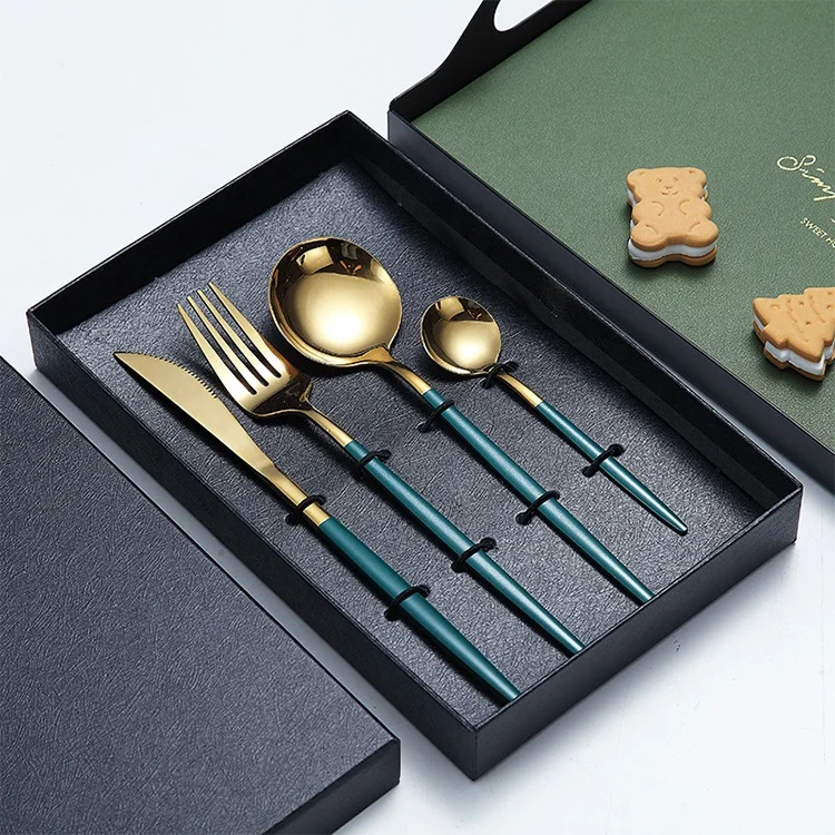 
Metallic flatware silverware gold and blue white pink spoon fork cutlery set in a packaging box for gift 