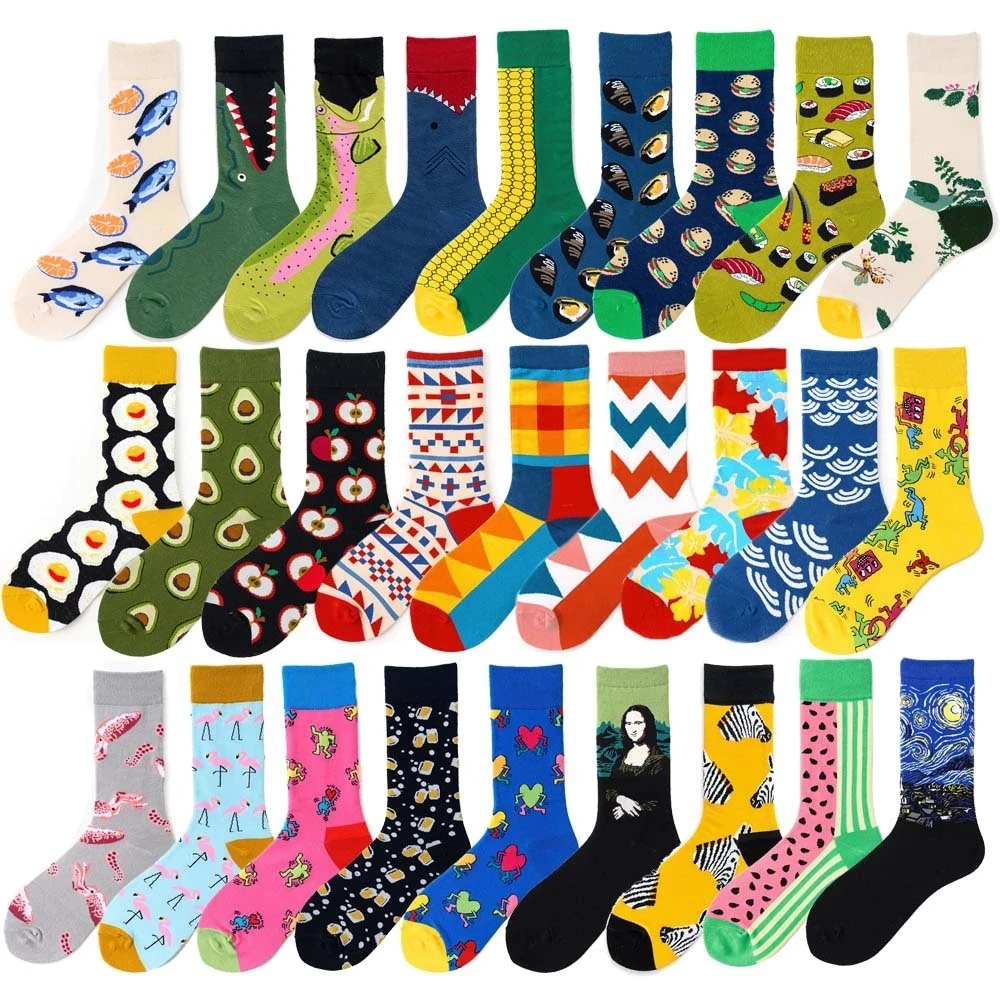 
2020 New design custom funny tube colorful unisex men women jacquard printing happy knitting socks 