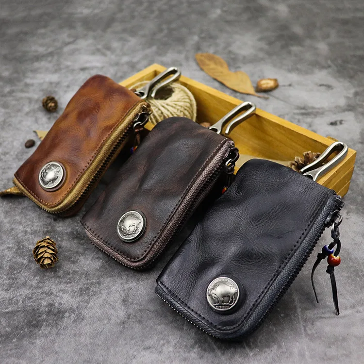 Vintage Coin Organizer Vegetable Tanned Leather zipper Pouch Keys Wallet for Men Women
