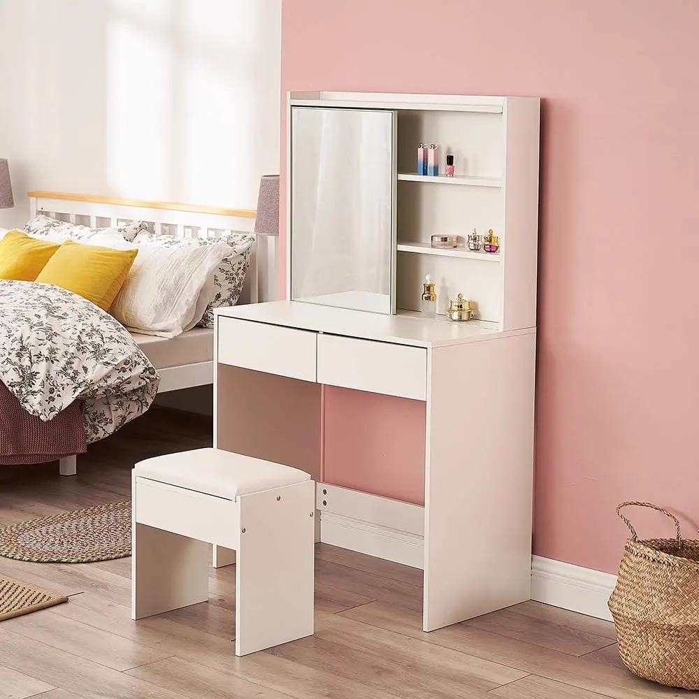 Modern white Dressing Table with Slide Mirror  Stool Drawers Shelves