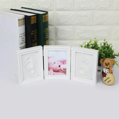 Baby Souvenirs Hand And Foot Print Mud Baby Birth Gift Solid Wood Tri-Fold Photo Frame