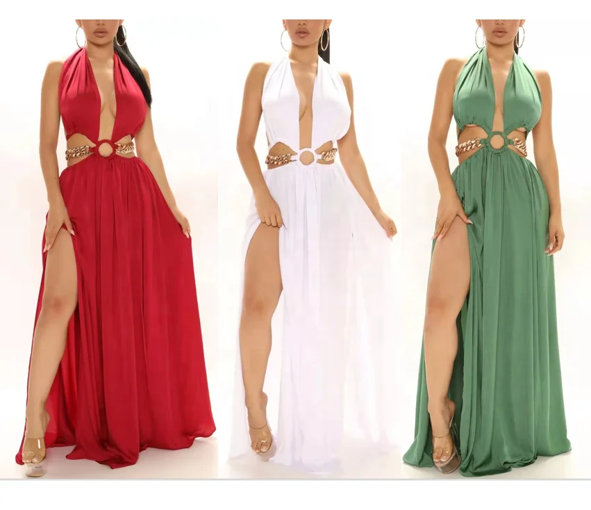 Women Sexy Cut Out Deep V Neck High Side Slits Satin party casual Halter Maxi Plus Size pleated Hollow Out Dress With Chain Belt