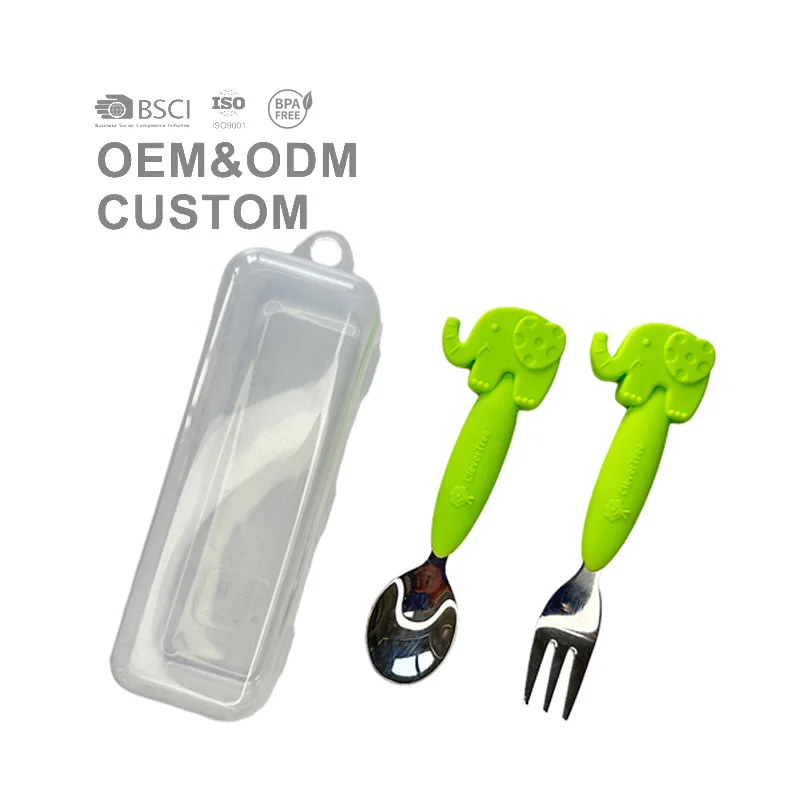 100% food grade kids silicone handle stainless steel spoon fork knife baby safe healthy material children easy feeding tools