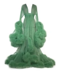 Sexy Deep V-neck Tulle Maternity Dresses Lace Hollow Horn Long-sleeved Feather Long Robe Nightgown Sleepwear Party Dress