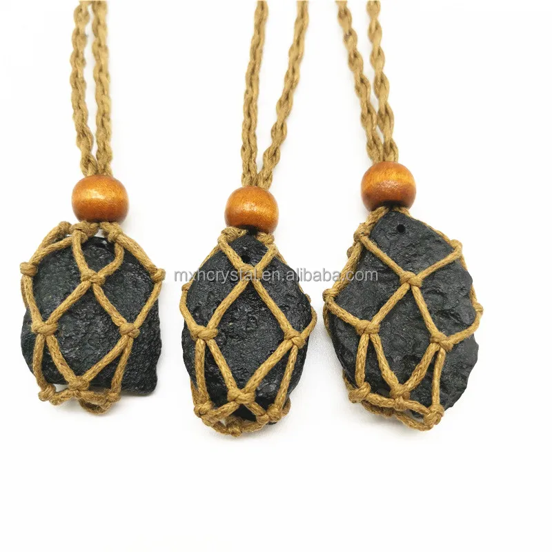Original Stone Tektite Pendant Raw Gemstone Black Meteorites Crystal Rock Quartz Holder Necklace Pendant Net Healing Jewelry