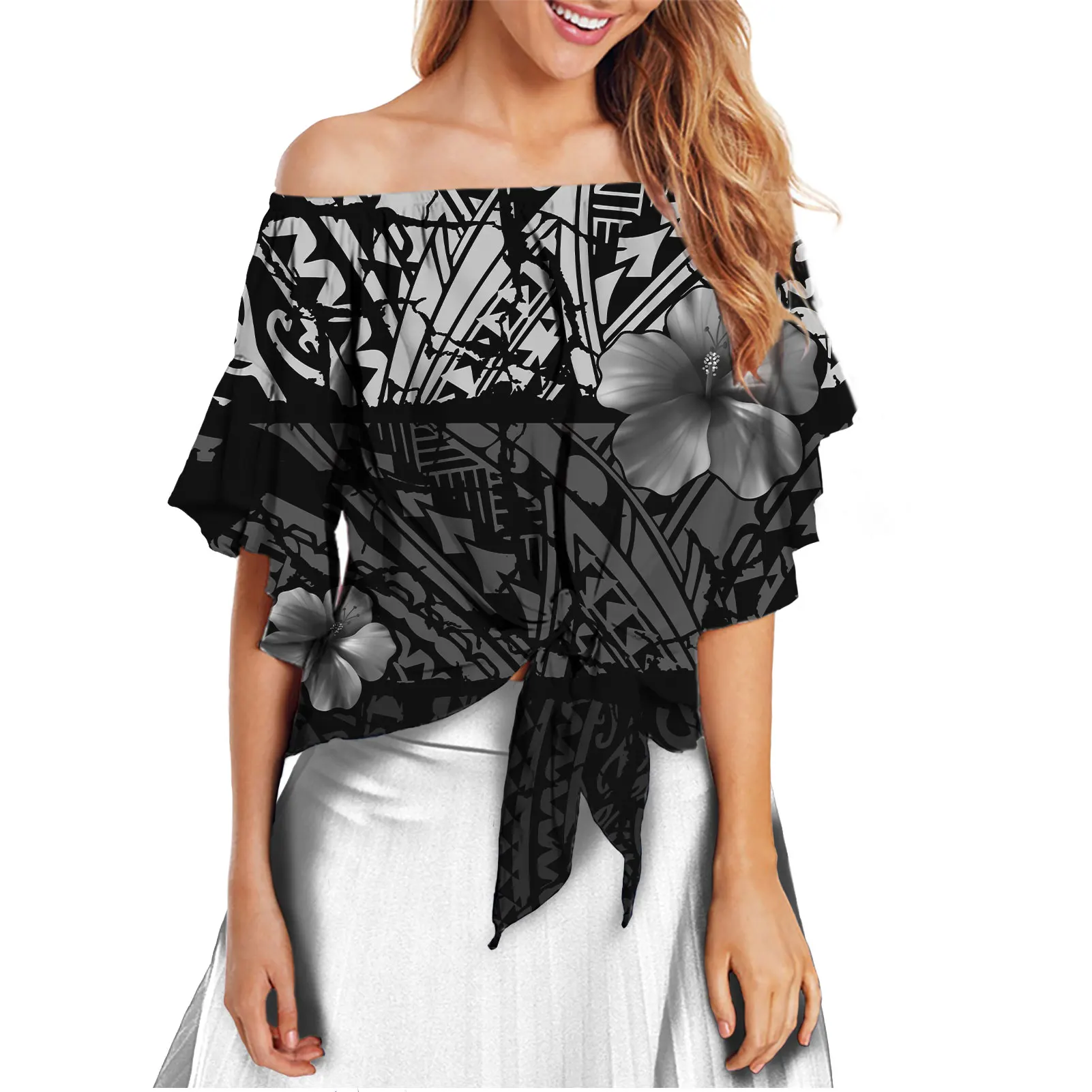 Новая женская футболка с широкими рукавами и монохромной мозаикой в полинезийском стиле, украшение с узлом