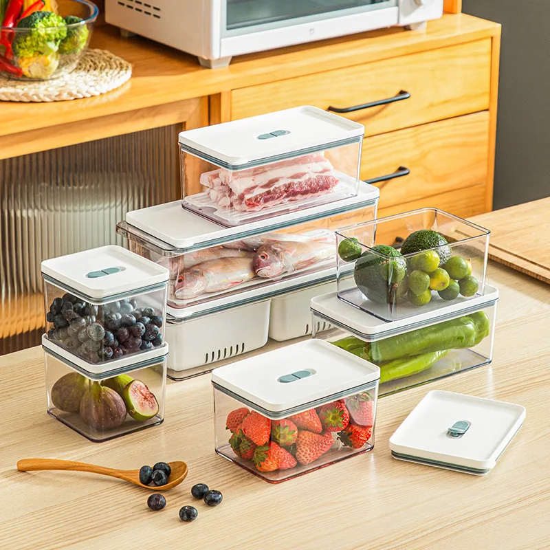 Stackable Kitchen Acrylic Clear Food Container Plastic Freezer Refrigerator Fruit Organizer Bin Storage Box with Drain Basket