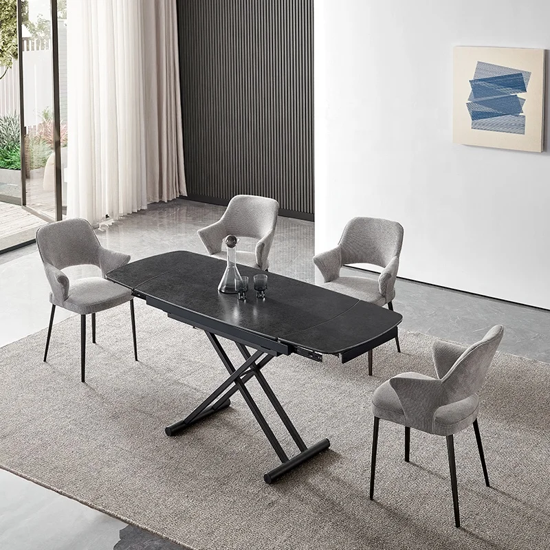 Luxury modern retractable marble top dining table with foldable aluminum table leg lift table adjustable extendable dinning