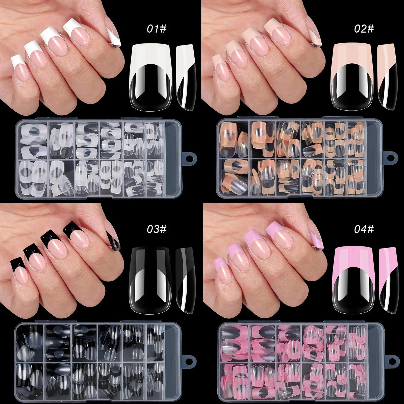 Wholesale Low Price Custom Fake Nail Art Tips Square Coffin Stiletto Box Packing Artificial Soft Gel French Press On Nails