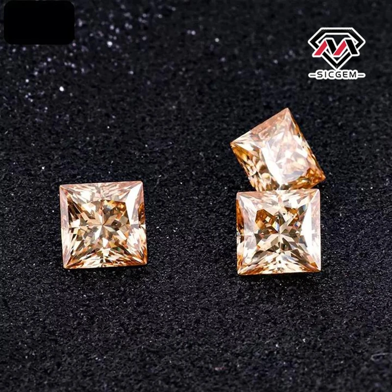SICGEM Mossanite Supplier Gemstone Champagne D EF Color VVS Princess Cut Diamond Loose Mossanite Stone