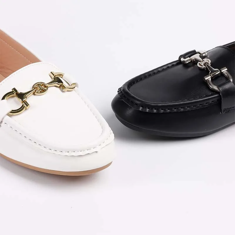 Gold Metal Buckle PU Leather Flats Shoes Ladies Soft Insole Women Moccasin Shoes Casual Anti-Slip Dating Holiday Commuting Shoes