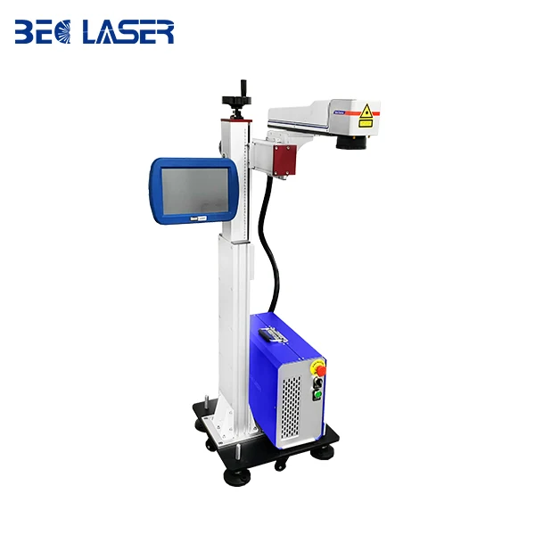 BEC LASER Online fiber flying laser marking machine for large-scale metal marking pipe line wire 50W laser printer