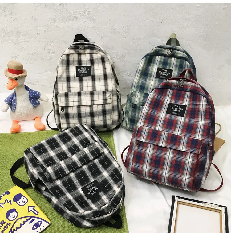 Fashion Wholesale Factory Plaid Pattern Travel Double Shoulder Bag Canvas Girls Daypack Students Teenager Casual School Backpack