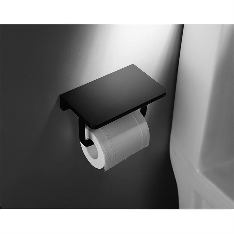 Wall Mounted Toilet Paper Holder Black Color Brass Bathroom Usage With Mobile Phone Shelf