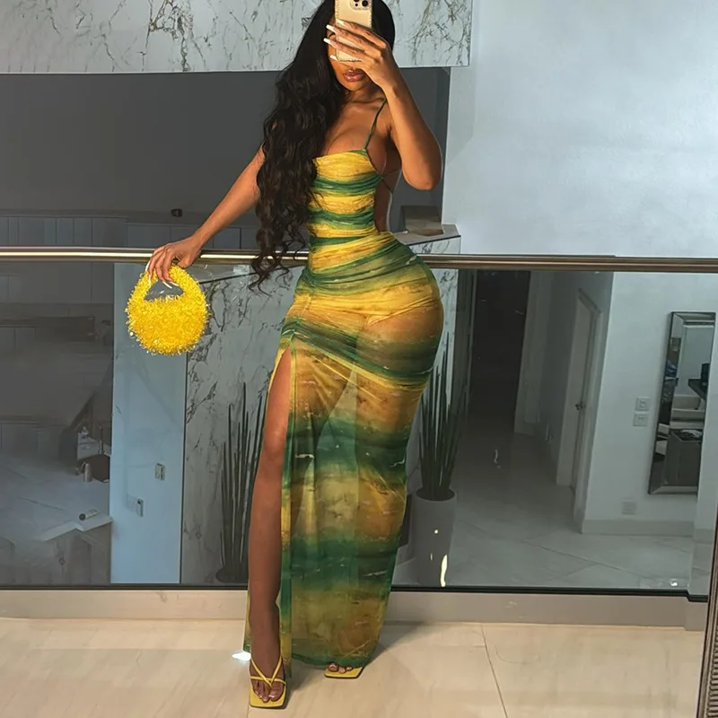 FS13989D women summer sleeveless print sexy maxi spilt dress