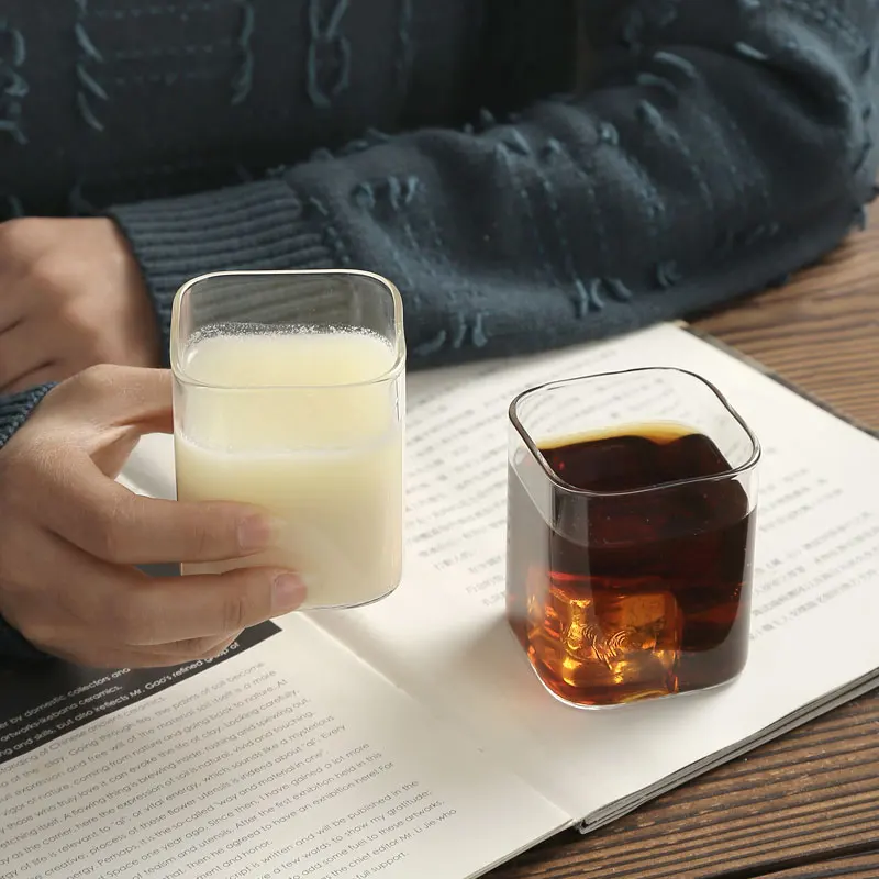 Free Sample custom square glass cup 200ml glass cup set 400ml coffee glasses borosilicate clear glass tea mugs