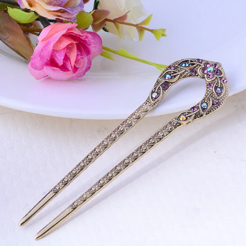 Vintage Hair Accessories Antique Bronze Plated Hairpins U shape Hair Stick Pin Women Rhinestone Flower Hair Jewelry