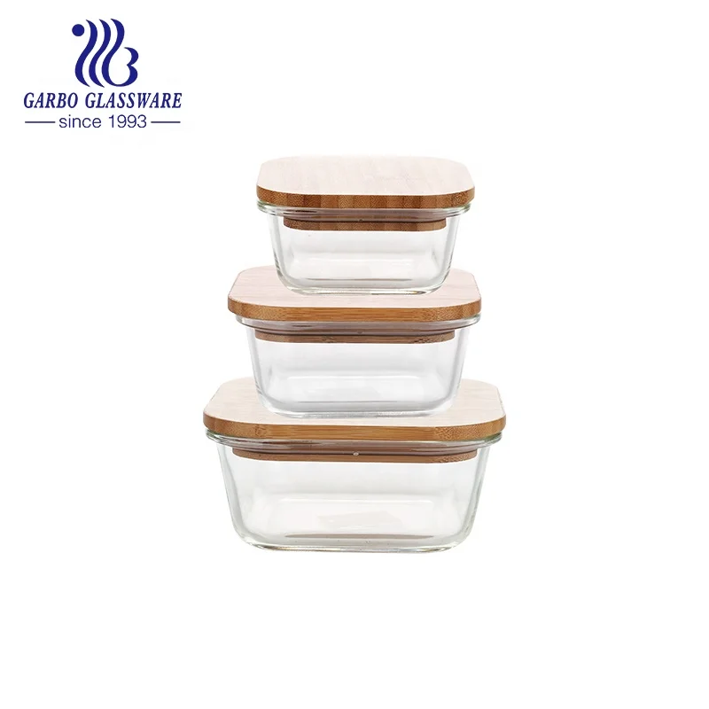 factory glass food storage container with bamboo lid Fruit Square Salad Vegetable Bowl glass lunch box borosilicate Bento