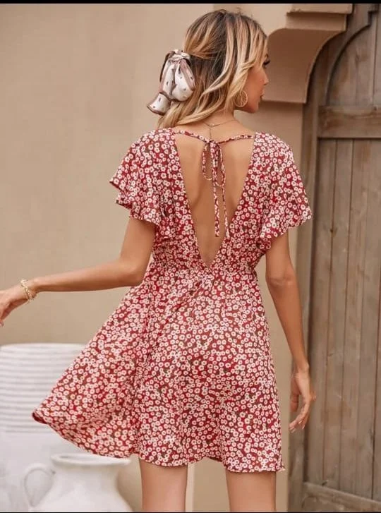 Brand New Women Short Rayon Dress with elastic and V Neck Printed Design Casual Summer Holiday
