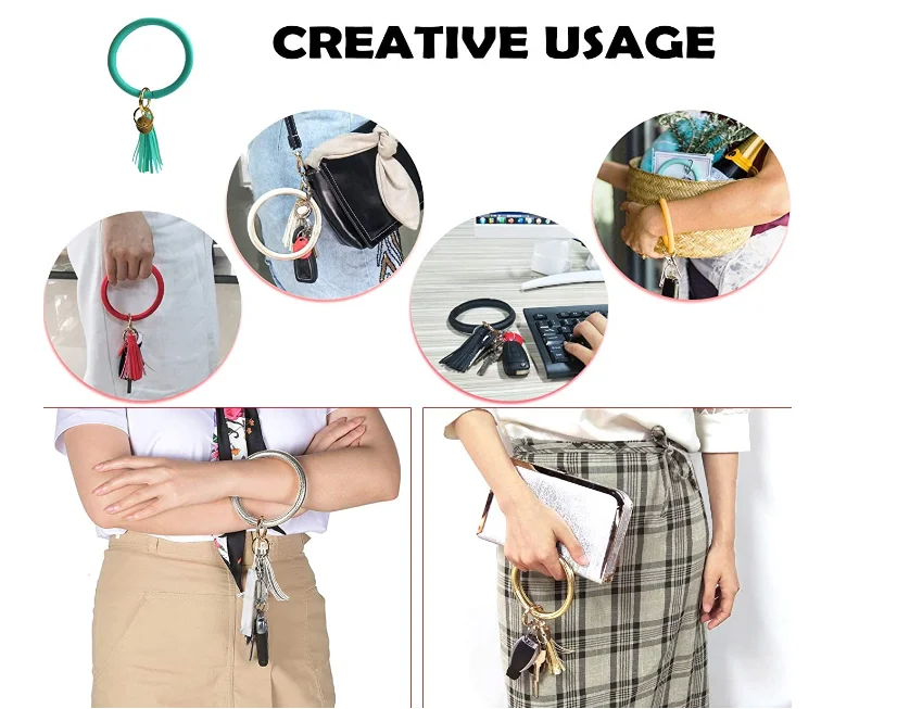 Leather Bracelet Keyring Bangle Keyholder Tassel Ring Circle  Keychain Wristlet for Women Girls Free Your Hands