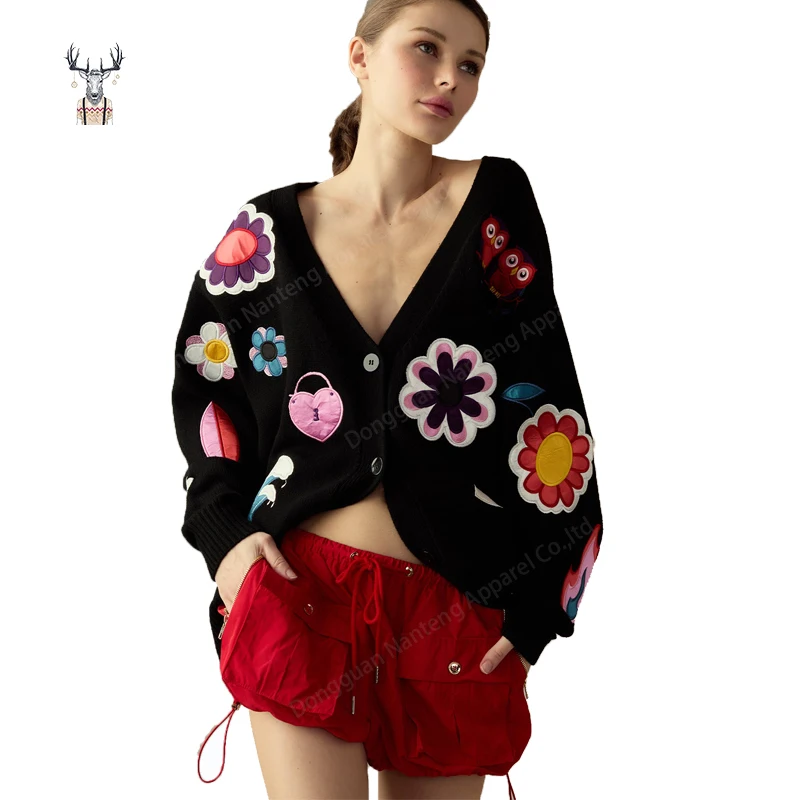 Nanteng Custom 100% Wool Cotton Designer Playful Colorful Patches V Neck Buttons Long Sleeves Women Cardigan Sweater