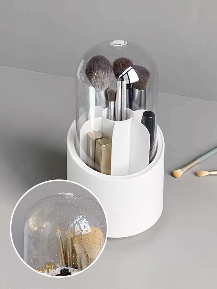 desktop cosmetic organizer container rotating makeup brush storage holder with clear lid