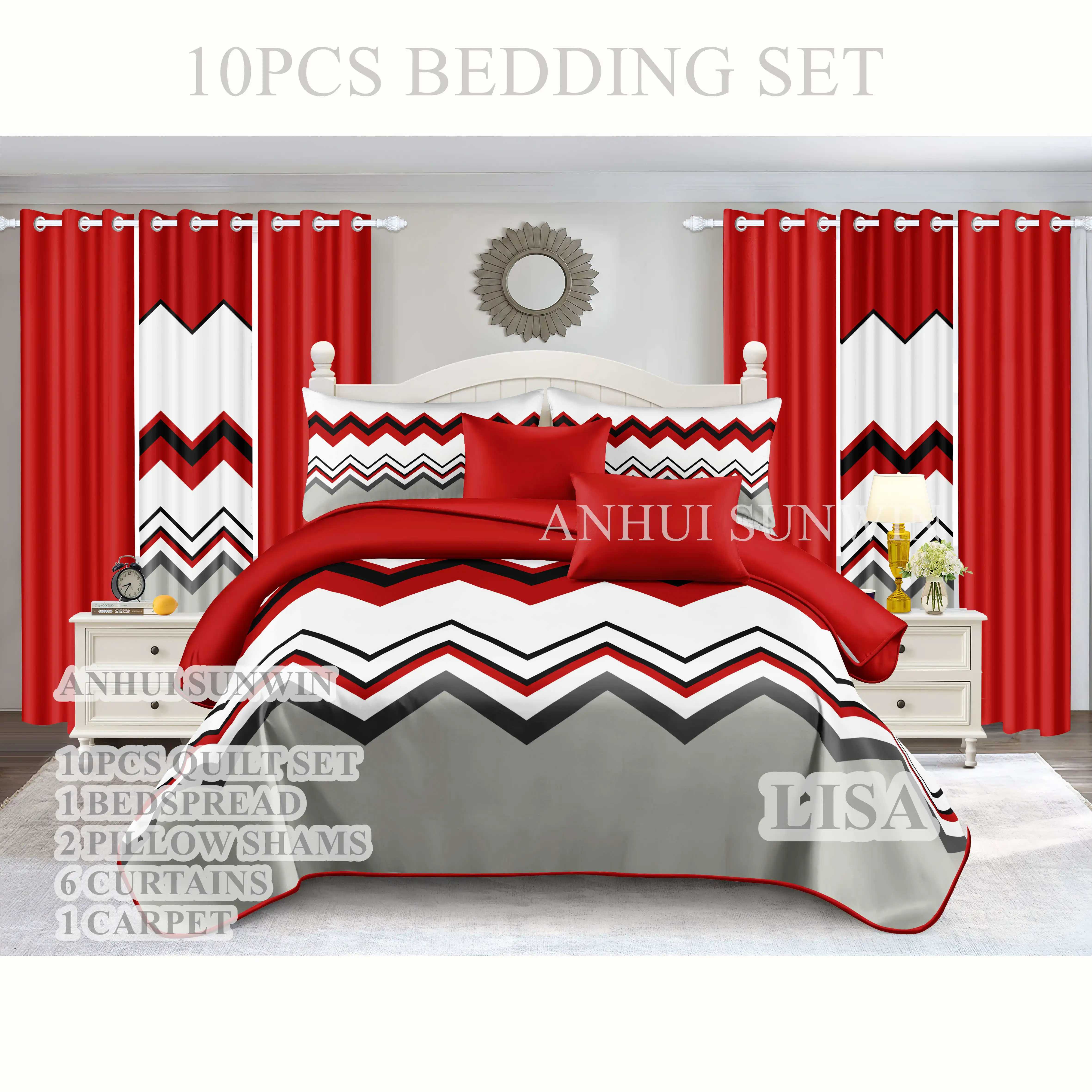 American Style King 6PCS Bedspread Set Polyester Wedding Red Flower Printed 10PCS Curtain Bedding Set