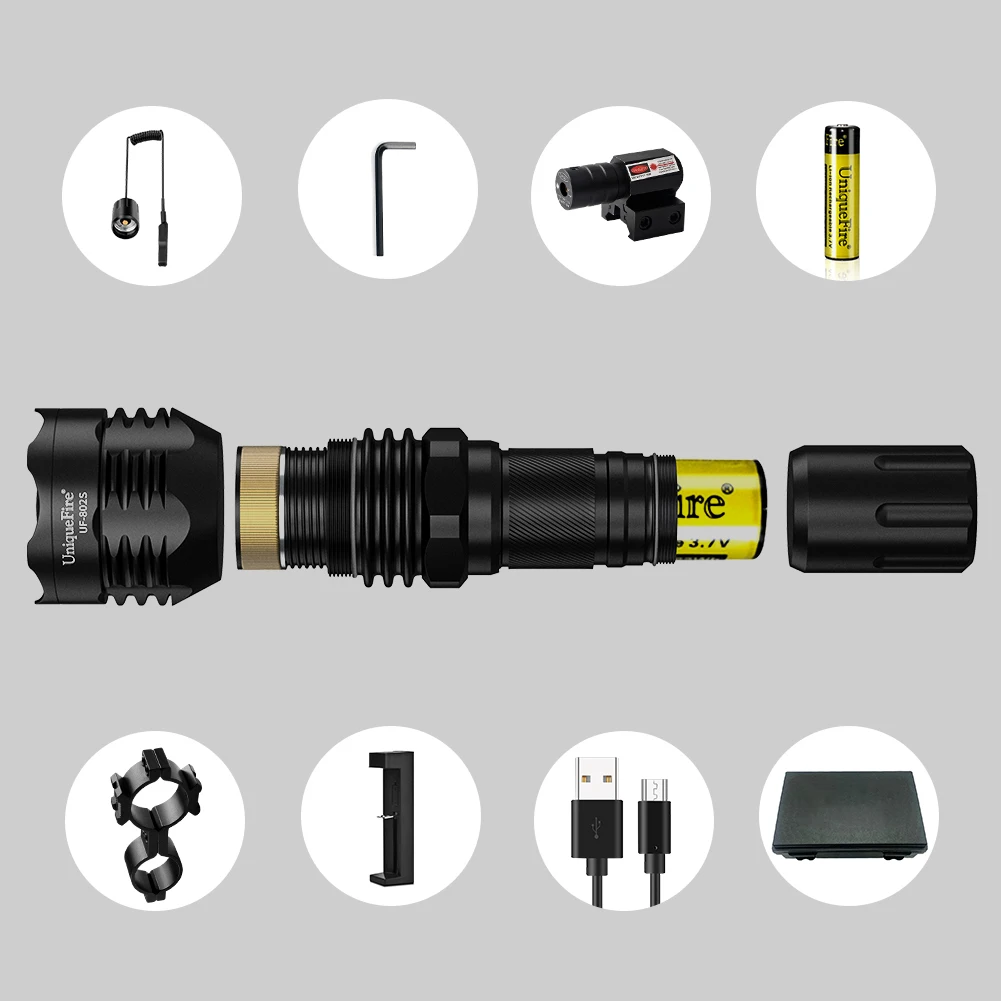 UniqueFire UF-802S KP CSLPM1.F1 GREEN LED Matte black 10W green light tactical flashlight cable remote for hunting flashlight