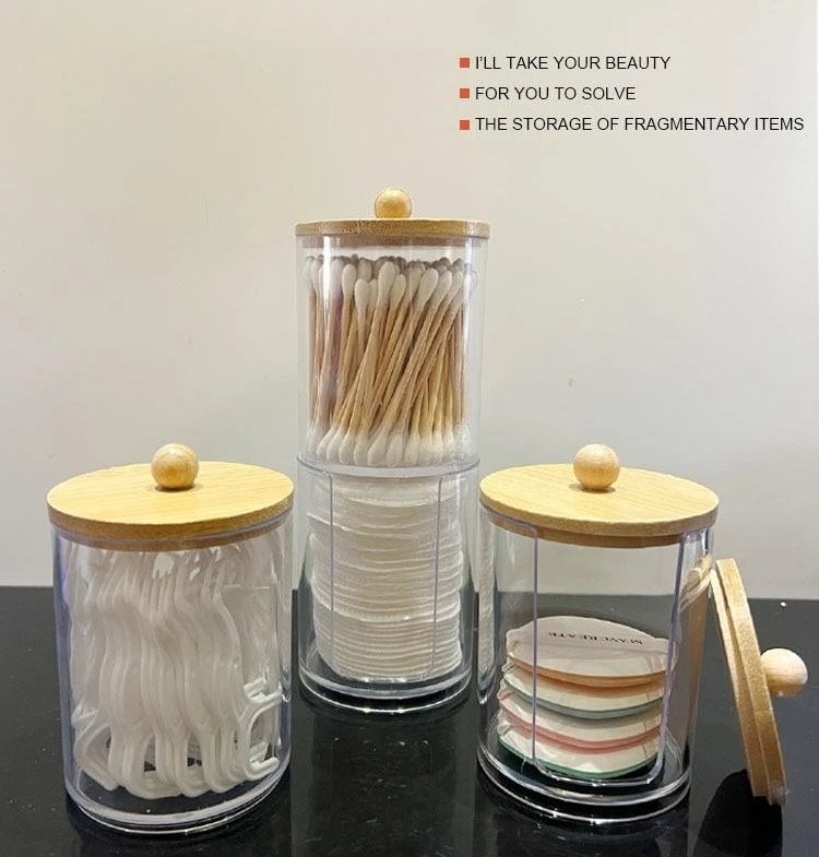 Cosmetic Organizer Acrylic Qtip Holder with Bamboo Lid Transparent Small Cotton Swab Dispenser Toothpick Storage Container