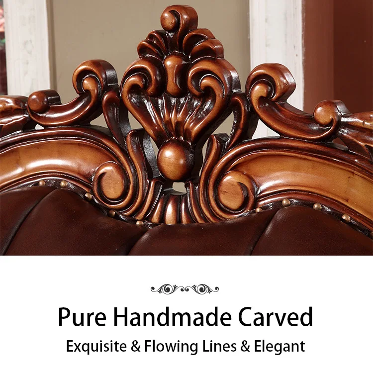 Chuangdian Foshan Factory Customized Luxury European Style Solid Wood Frame Brown Vintage Genuine Leather Living Room Sofa