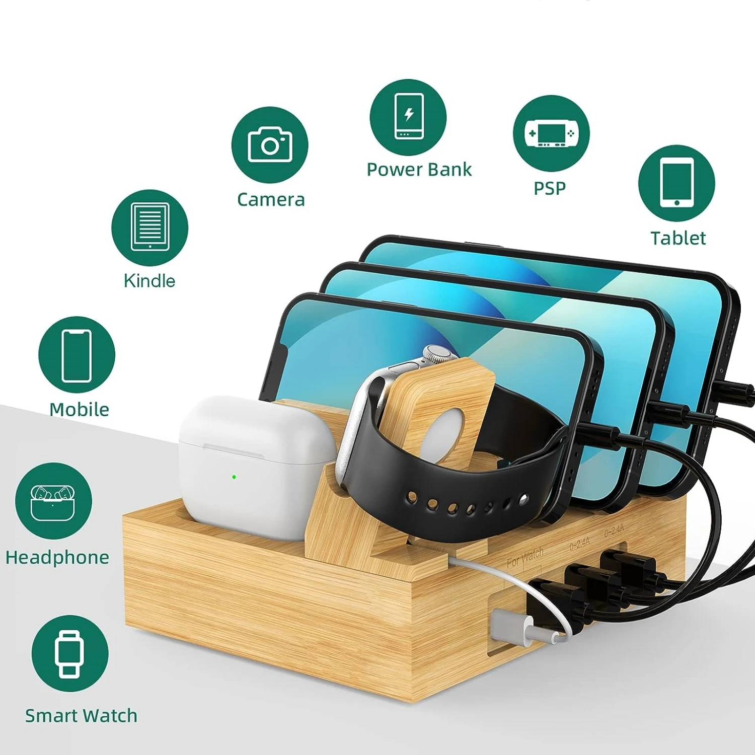 wood phone docking station Bamboo Charging Station Organizer, Fast Charging Station Wood Charging Dock