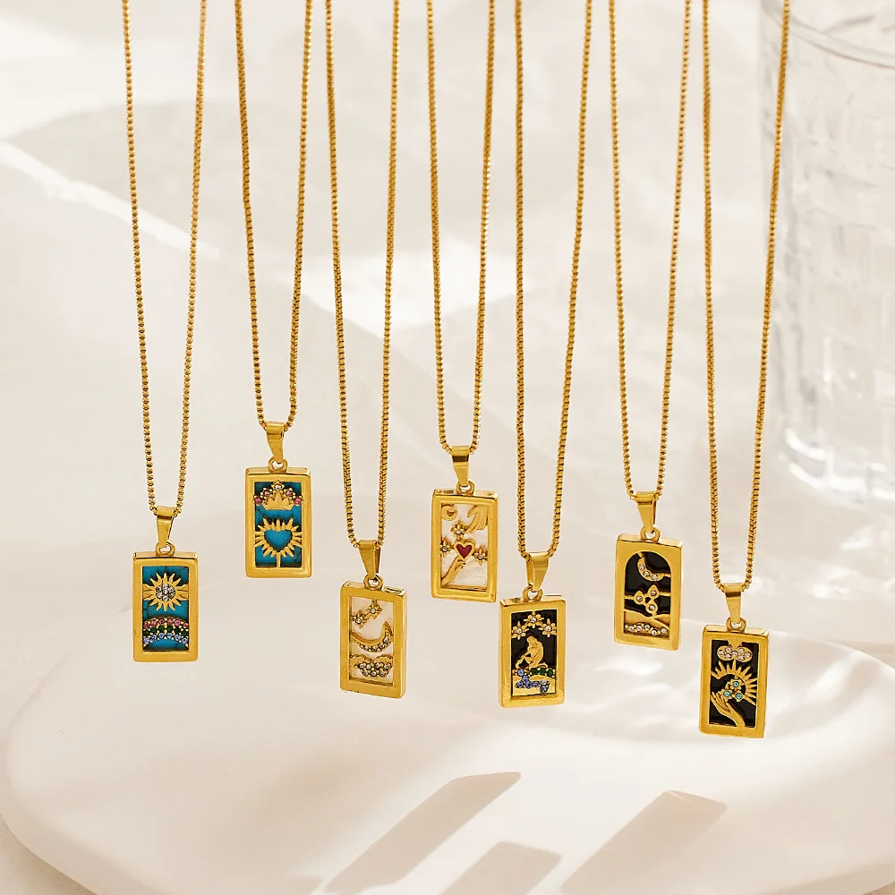 Custom Retro Waterproof 18K Gold Plated 316L Stainless Steel Zircon Tarot Card Pendant Necklace For Women