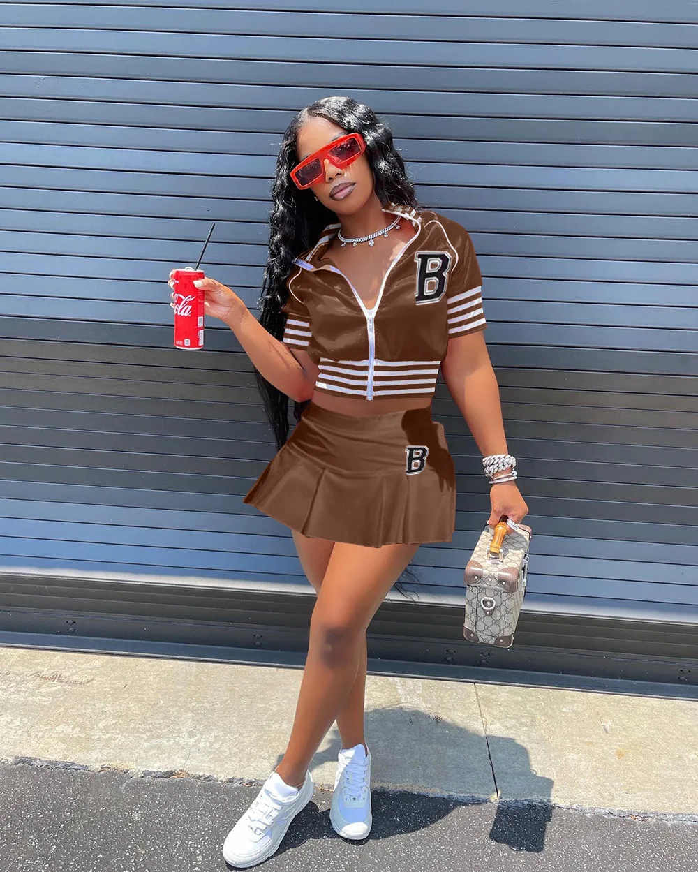 2022 Summer Women Clothing Mini Skirt And Short Sleeves Coat Baseball Uniform Tracksuit 2 Piece Skirt Sets