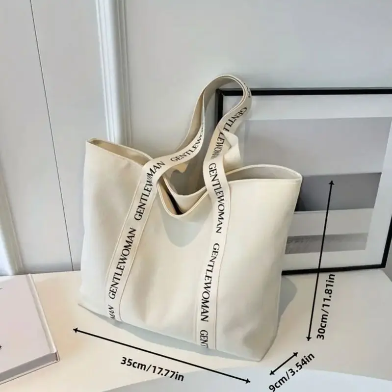 Simple Canvas Tote Bag Casual Large Capacity Style School Cotton Fabric Handbag Letter Strap Shoulder Shopping Bag For Going Out
