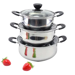Wholesale korea style kitchenware hot pot stainless steele 3 pcs cookware pot with glass lid