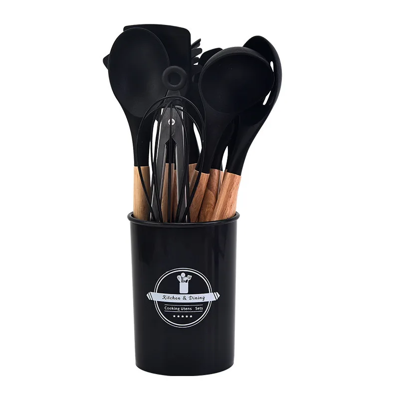 12pcs Food Grade Silicone Non-Stick Kitchenware Set Baking Spatula Spoon Wooden Handle Silicone Kitchen Utensils