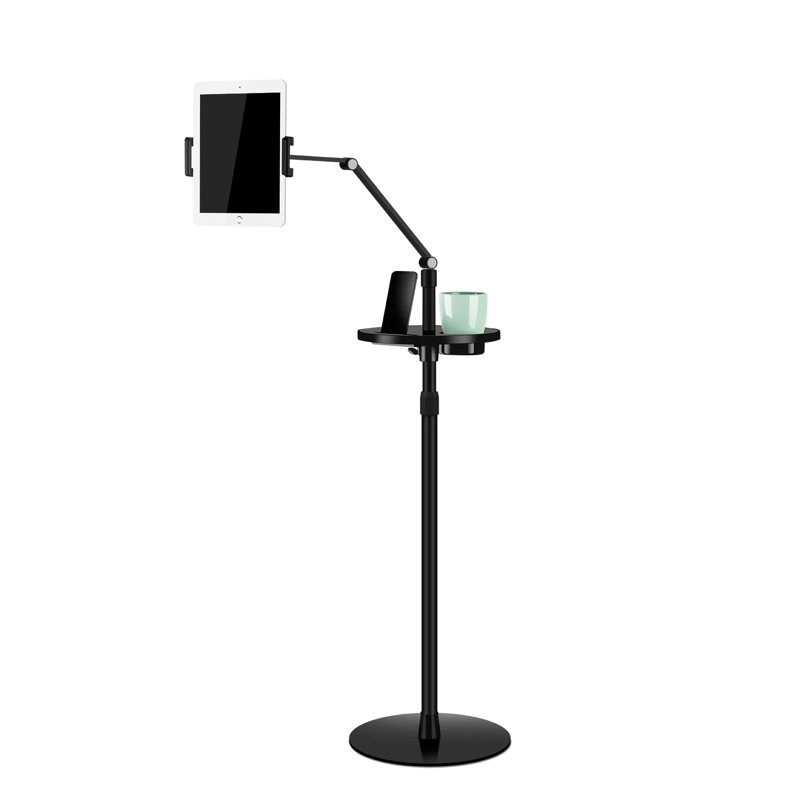 360 Degree Swing Adjustable Height Universal Flexible Foldable Long Arms Tablet Floor Stand for Standing Sitting Lying Down Use