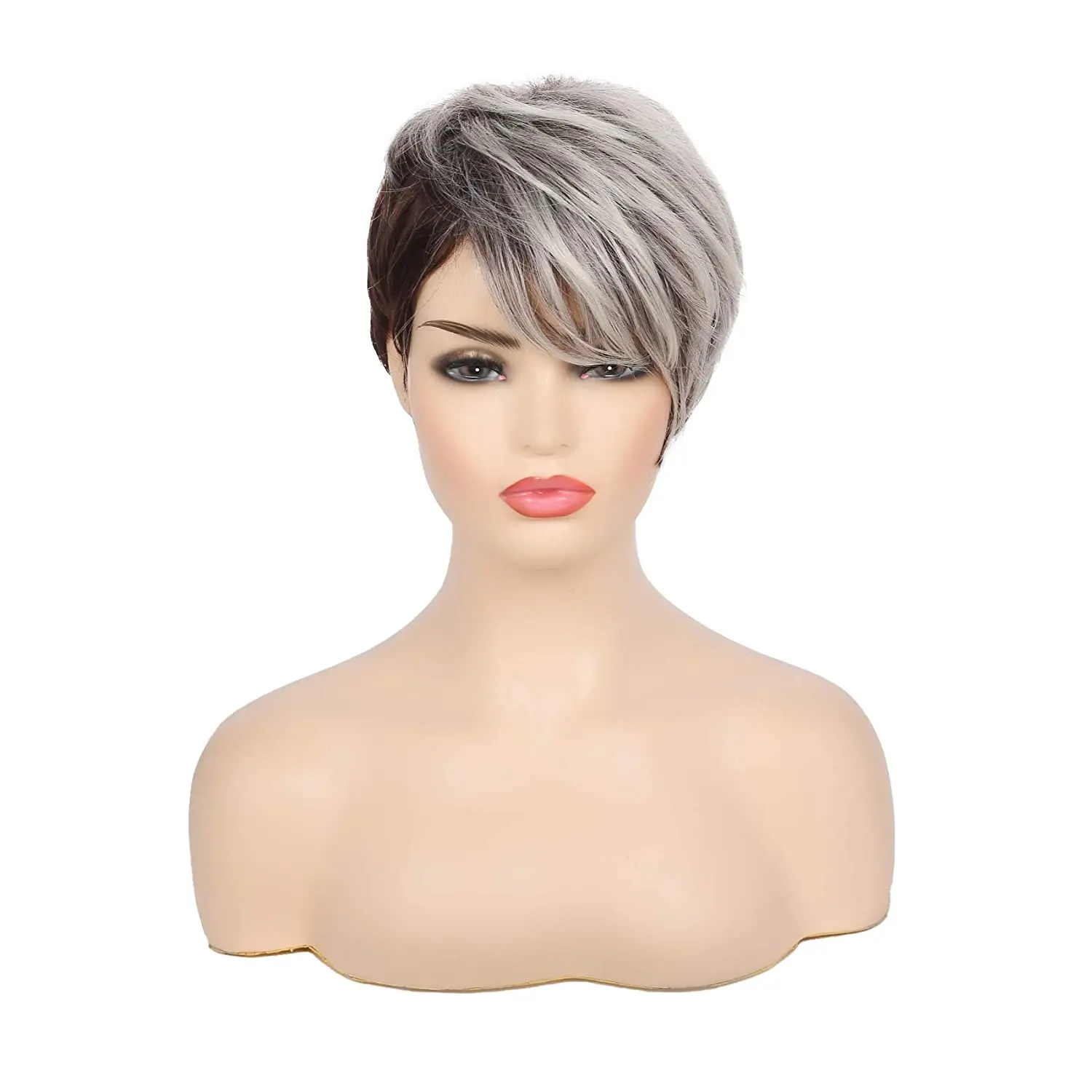 
FREE SAMPLE Short Grey Mix Brown Fluffy Pixie Wig with Bangs Synthetic Wig Replacement Hair Wigs 