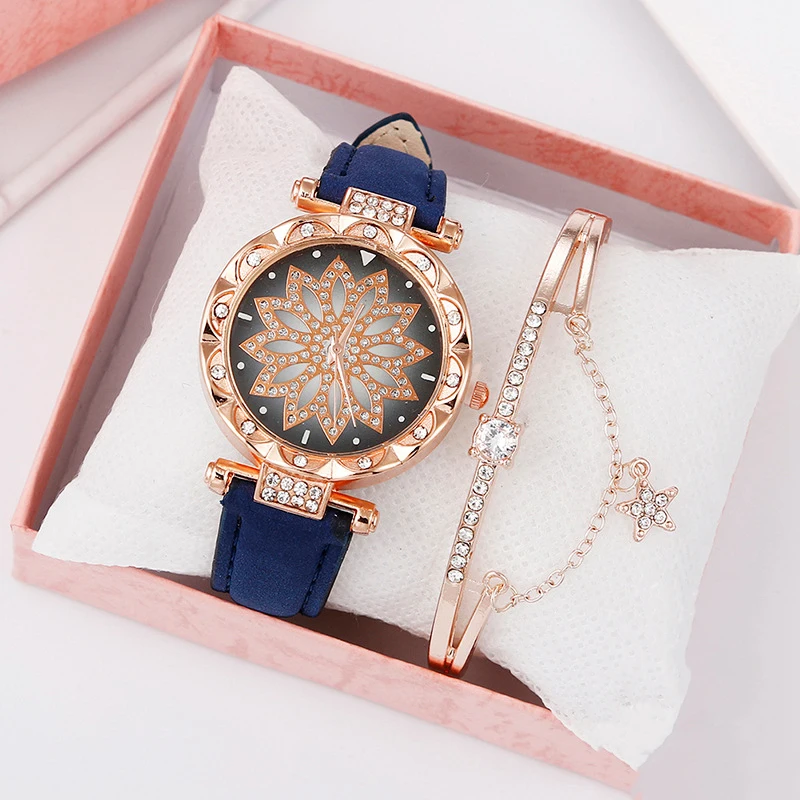 Hot Sale Women Ladies Fashion Star Leather Strap Quartz Wrist Bracelet Watches Gift Set