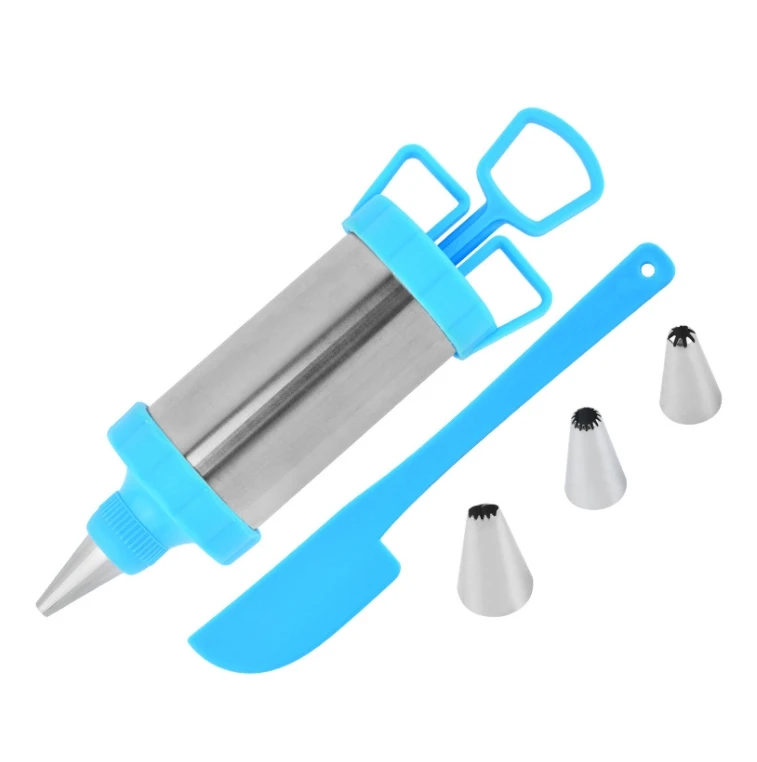 Stainless Steel Cake Press Gun Kit With 3 Icing Tips and a Spatula Pastry Gun for Baking Decorating Pastry