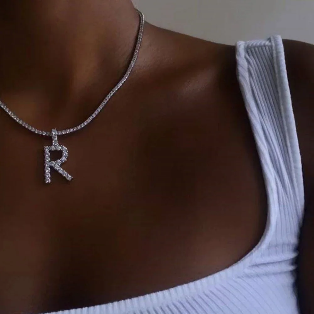 New Trendy Bling 26 Letters Tennis Chain Necklace Sparkling Rhinestone Crystal A-Z Initial Letter Necklace