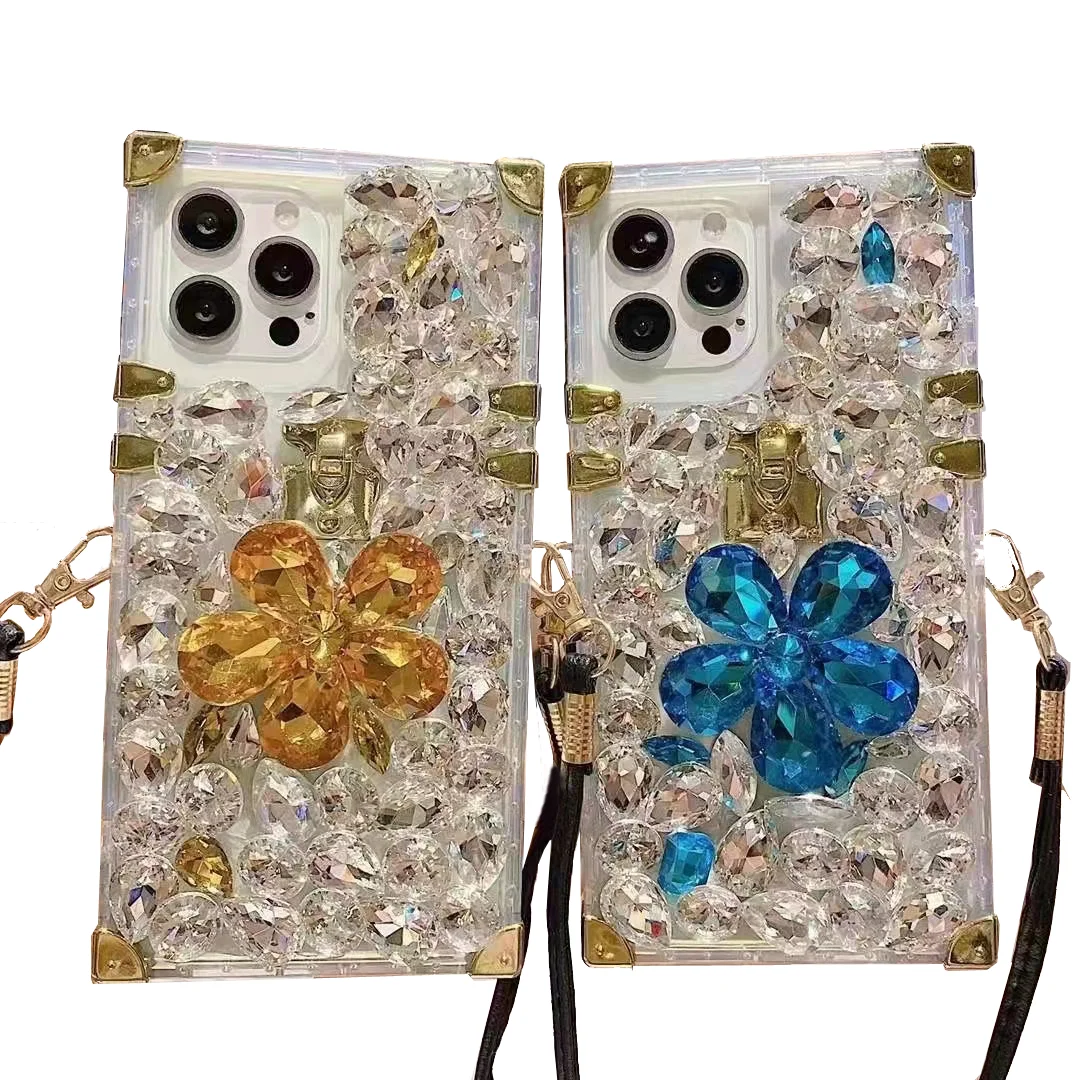 Luxury Square Bling Diamond Glitter Soft TPU Cover With Shoulder Strap Phone Skin Case For iphone 12 13 Mini Case