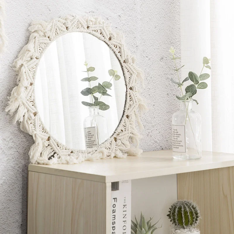 Industrial Design Handmade Decorative Mirrors Boho Rattan Round Macrame