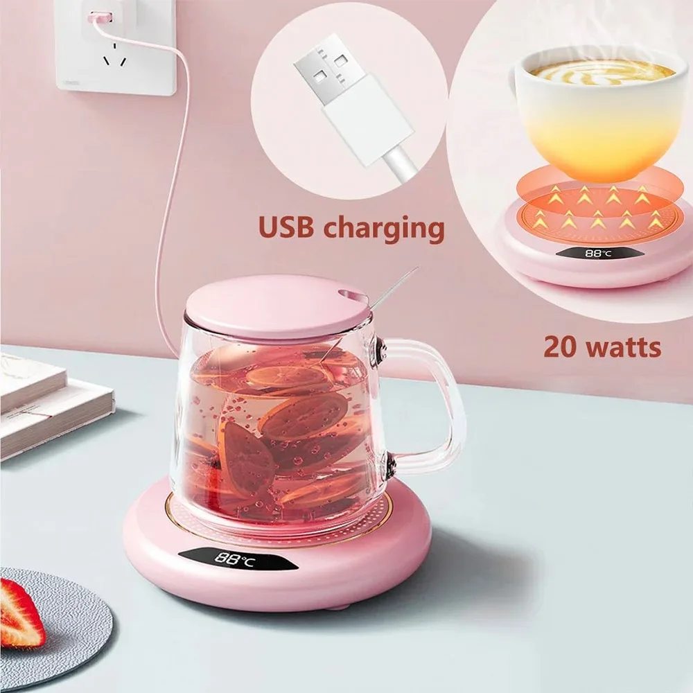USB Cup Warmer Mini Portable Coffee Mug Heating Coaster Smart Digital Display Thermostatic Adjustment Timing Heater for Milk Tea